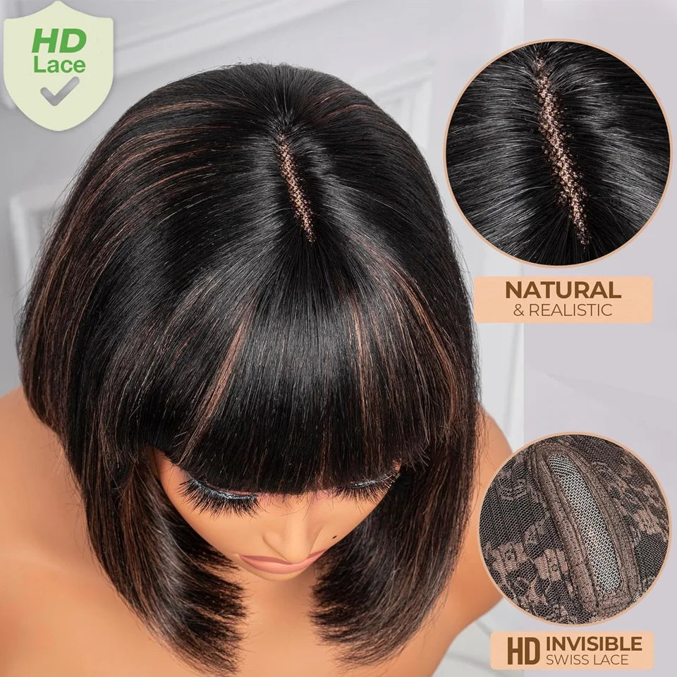 Highlight Blonde Short BOB 3x1 Lace Glueless Human Hair Wig Ready To Go Brazilian 1b/30 Straight Bob Bone With Bangs For Women