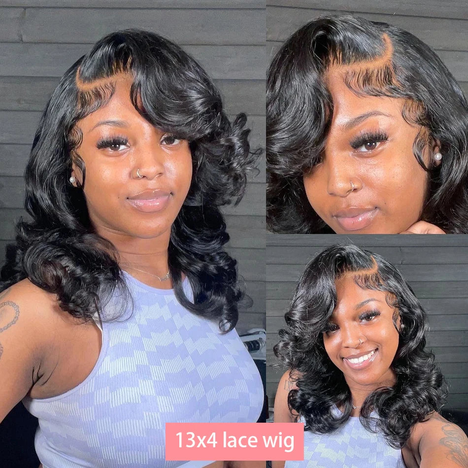 200% Density 13x4 Curly Short Bob Body Wave Lace Frontal Wig 12 14 16 Inch Closure Brazilian Remy 100% Human Hair Wigs For Women