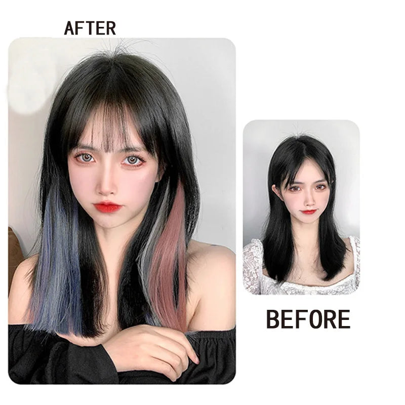 H&STAR 1PC Synthetic 50cm Long Straight Hair Extension Gradient Rainbow Multi color Hairpiece Wigs for Women