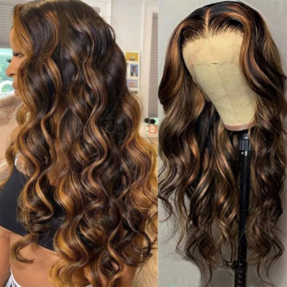 Body Wave Lace Front Wig Highlight Ash Blonde Lace Frontal Synthetic Wigs Pre Plucked Long Wavy Synthetic Lace Wig for Women