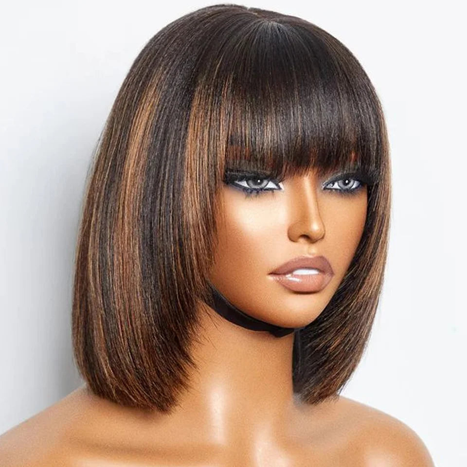 Highlight Blonde Short BOB 3x1 Lace Glueless Human Hair Wig Ready To Go Brazilian 1b/30 Straight Bob Bone With Bangs For Women
