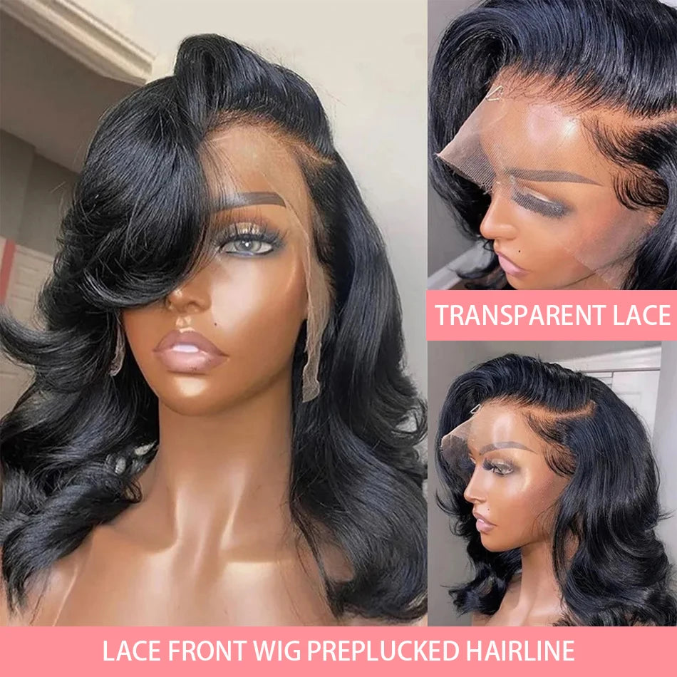 200% Density 13x4 Curly Short Bob Body Wave Lace Frontal Wig 12 14 16 Inch Closure Brazilian Remy 100% Human Hair Wigs For Women