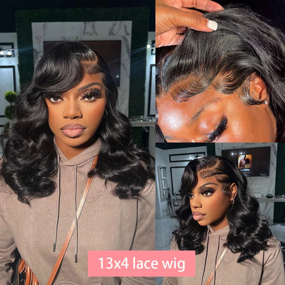 200% Density 13x4 Curly Short Bob Body Wave Lace Frontal Wig 12 14 16 Inch Closure Brazilian Remy 100% Human Hair Wigs For Women