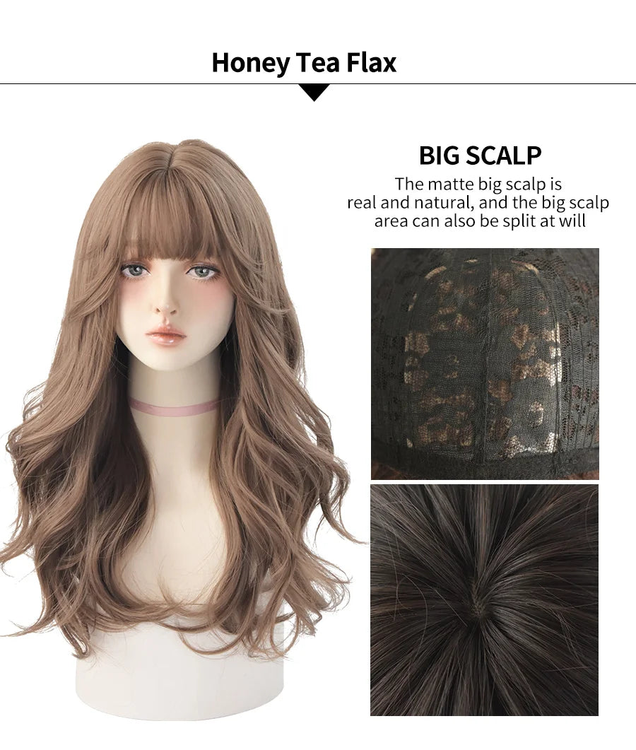 7JHH WIGS Popular Brown Ash Long Deep Wave Hair Lolita Wigs With Bangs Synthetic Wig For Women Fashion Thick Curls Wigs Girl - Princess Hairs