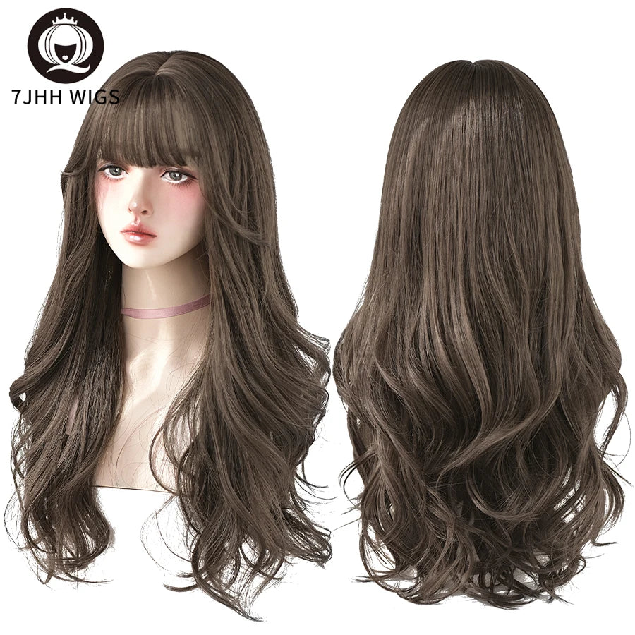 7JHH WIGS Popular Brown Ash Long Deep Wave Hair Lolita Wigs With Bangs Synthetic Wig For Women Fashion Thick Curls Wigs Girl - Princess Hairs