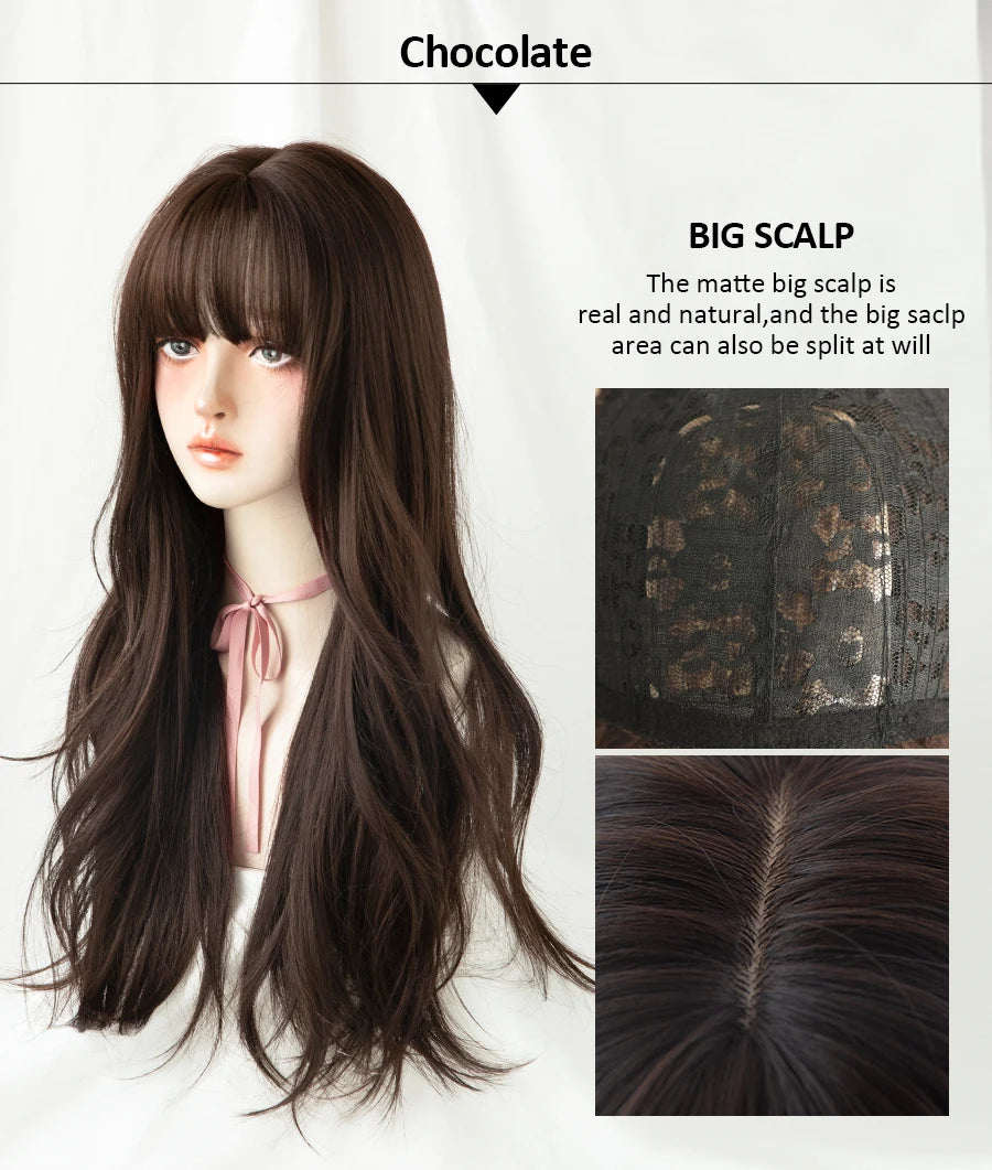 7JHH WIGS Popular Brown Ash Long Deep Wave Hair Lolita Wigs With Bangs Synthetic Wig For Women Fashion Thick Curls Wigs Girl - Princess Hairs