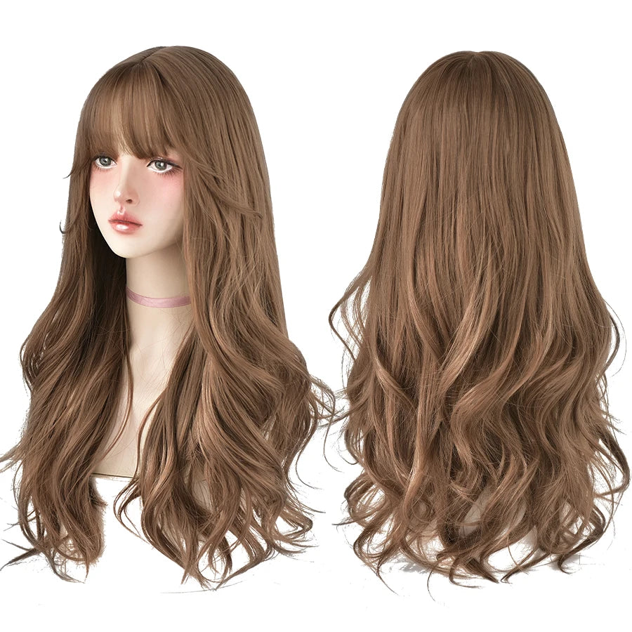 7JHH WIGS Popular Brown Ash Long Deep Wave Hair Lolita Wigs With Bangs Synthetic Wig For Women Fashion Thick Curls Wigs Girl - Princess Hairs