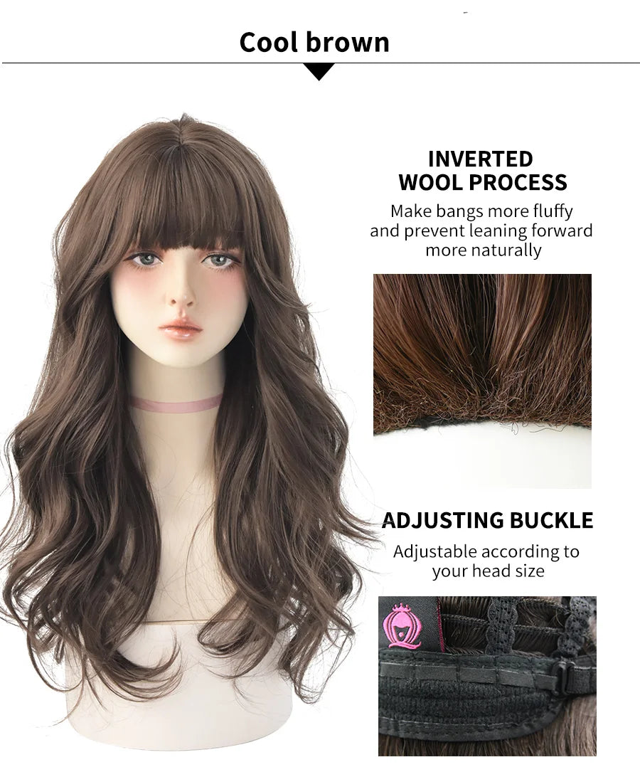 7JHH WIGS Popular Brown Ash Long Deep Wave Hair Lolita Wigs With Bangs Synthetic Wig For Women Fashion Thick Curls Wigs Girl - Princess Hairs