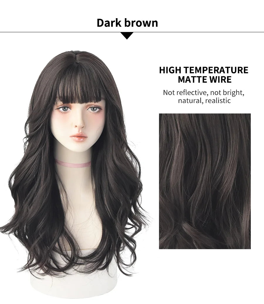 7JHH WIGS Popular Brown Ash Long Deep Wave Hair Lolita Wigs With Bangs Synthetic Wig For Women Fashion Thick Curls Wigs Girl - Princess Hairs