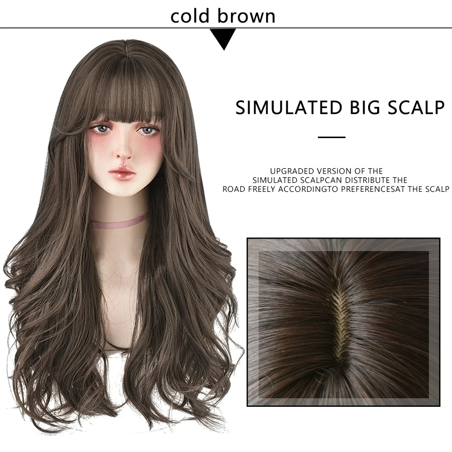 7JHH WIGS Popular Brown Ash Long Deep Wave Hair Lolita Wigs With Bangs Synthetic Wig For Women Fashion Thick Curls Wigs Girl - Princess Hairs