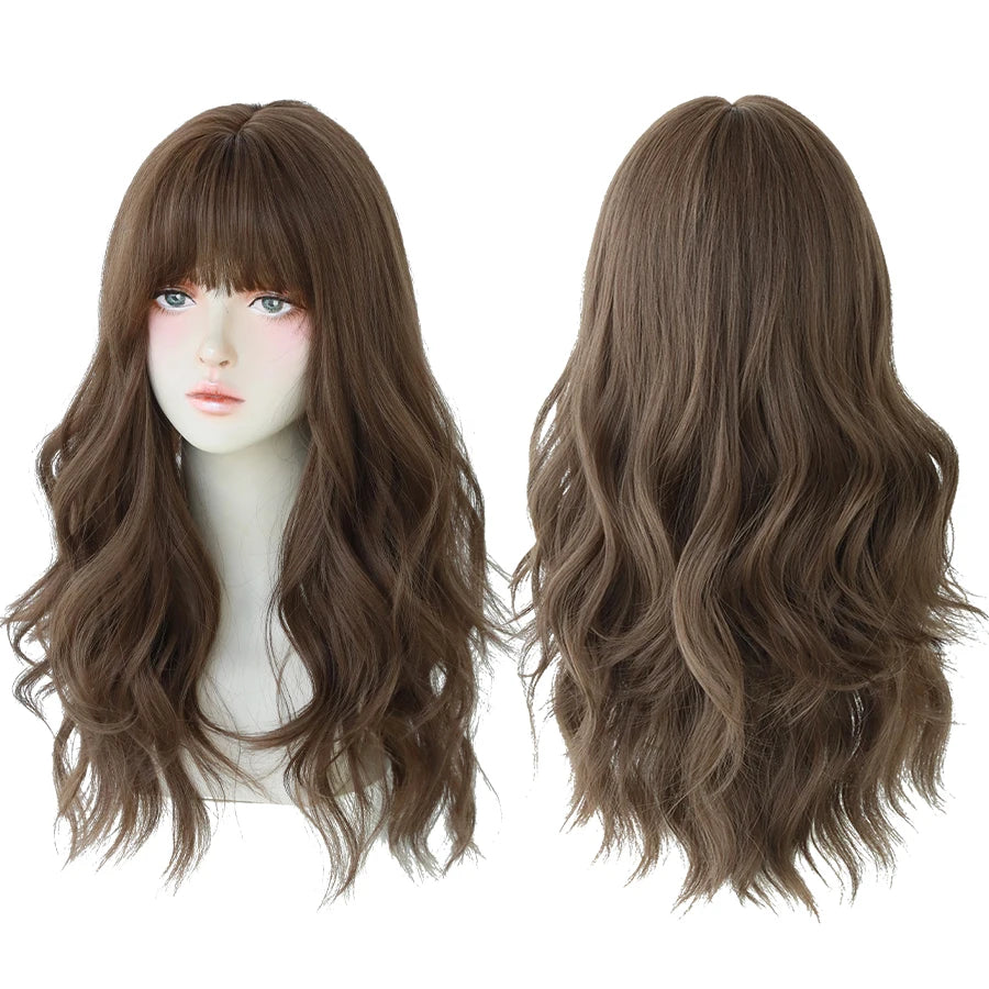 7JHH WIGS Popular Brown Ash Long Deep Wave Hair Lolita Wigs With Bangs Synthetic Wig For Women Fashion Thick Curls Wigs Girl - Princess Hairs