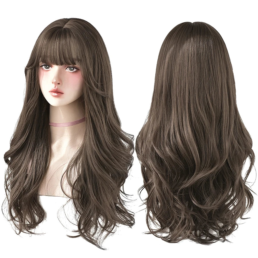 7JHH WIGS Popular Brown Ash Long Deep Wave Hair Lolita Wigs With Bangs Synthetic Wig For Women Fashion Thick Curls Wigs Girl - Princess Hairs