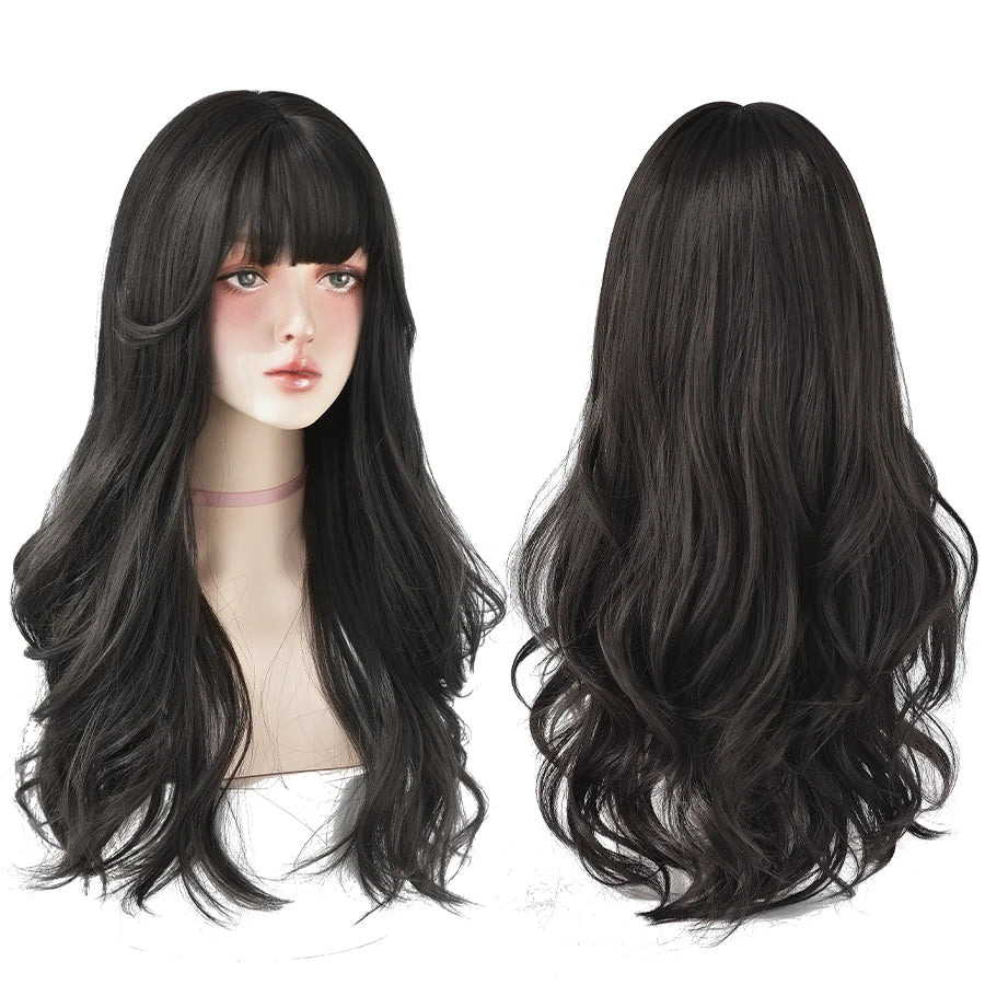 7JHH WIGS Popular Brown Ash Long Deep Wave Hair Lolita Wigs With Bangs Synthetic Wig For Women Fashion Thick Curls Wigs Girl - Princess Hairs