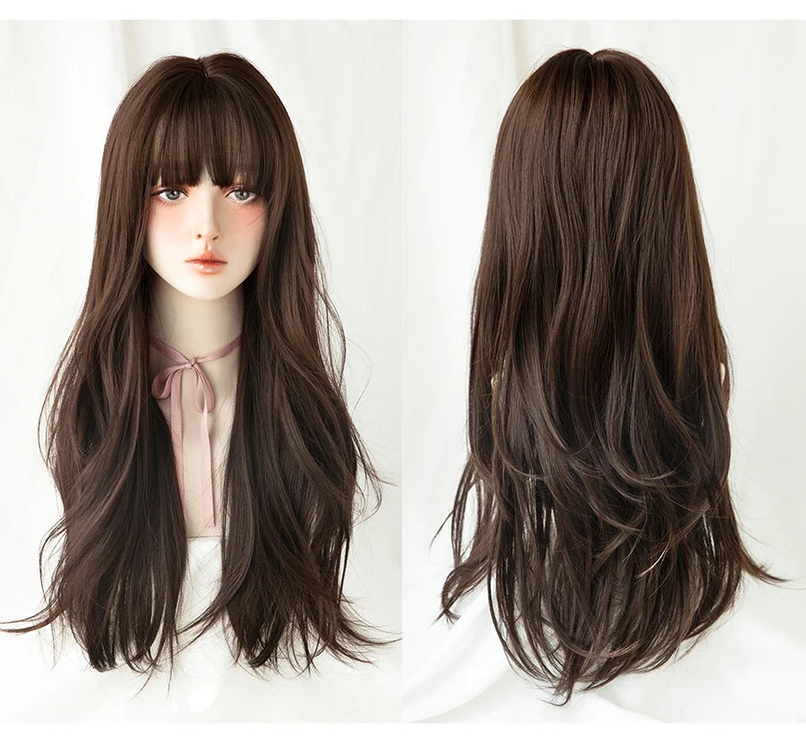 7JHH WIGS Popular Brown Ash Long Deep Wave Hair Lolita Wigs With Bangs Synthetic Wig For Women Fashion Thick Curls Wigs Girl - Princess Hairs