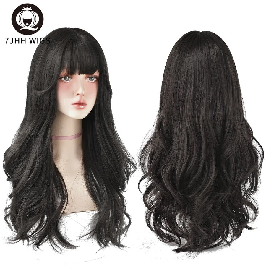 7JHH WIGS Popular Brown Ash Long Deep Wave Hair Lolita Wigs With Bangs Synthetic Wig For Women Fashion Thick Curls Wigs Girl - Princess Hairs