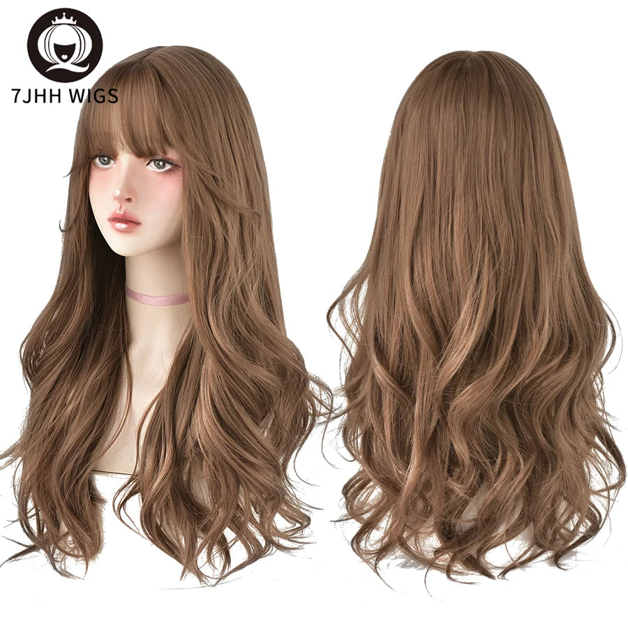 7JHH WIGS Popular Brown Ash Long Deep Wave Hair Lolita Wigs With Bangs Synthetic Wig For Women Fashion Thick Curls Wigs Girl - Princess Hairs