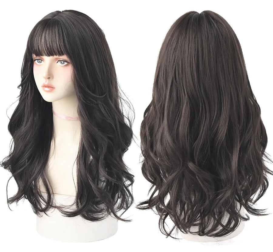 7JHH WIGS Popular Brown Ash Long Deep Wave Hair Lolita Wigs With Bangs Synthetic Wig For Women Fashion Thick Curls Wigs Girl - Princess Hairs